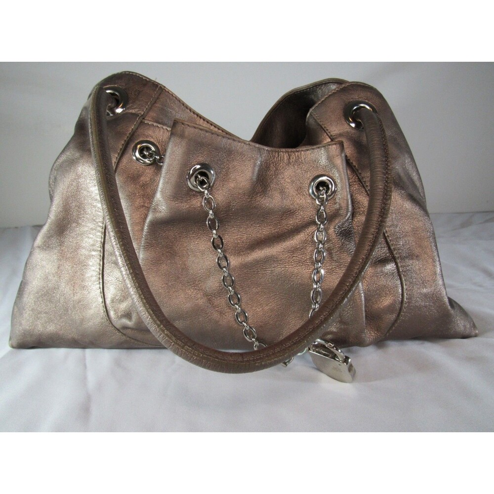 Auth Furla Metallic Bronze Gold Leather Satchel Tote Crossbody Handbag